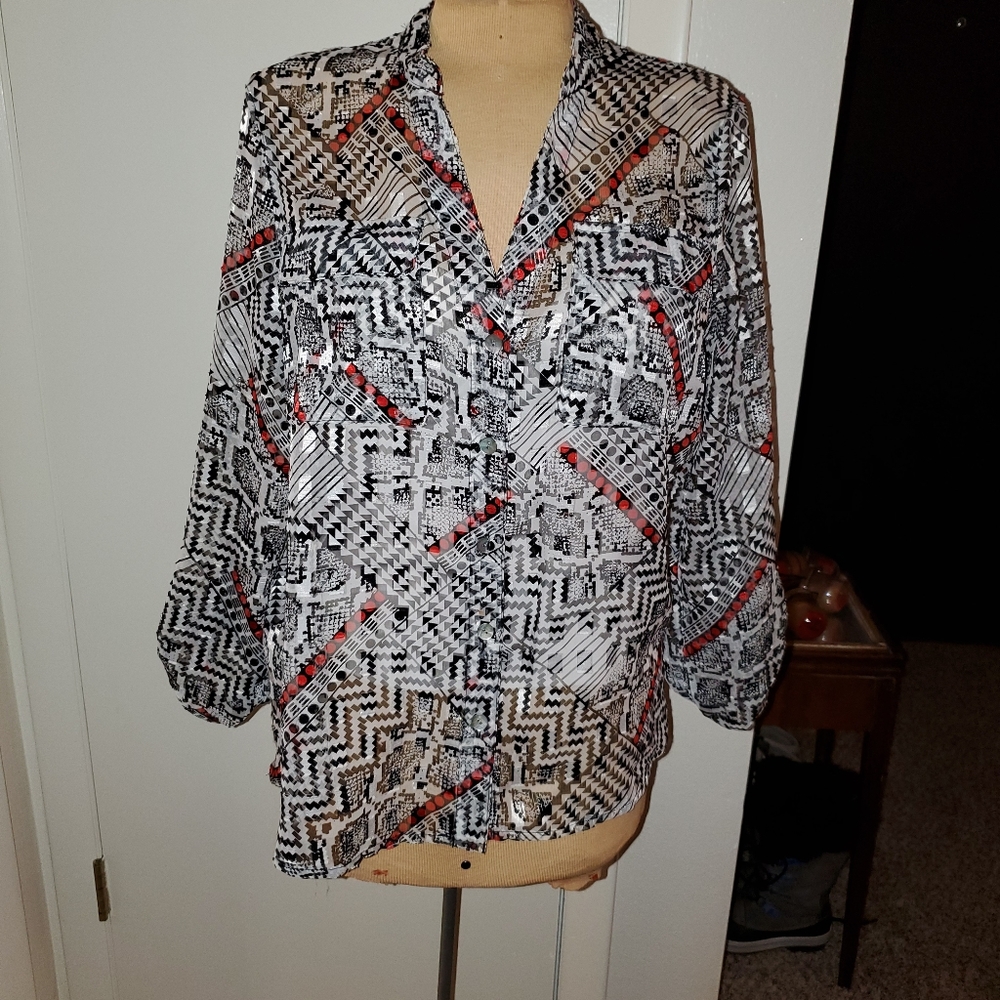 Ruby Rd. Black, white & red sheer button down - Picture 2 of 7